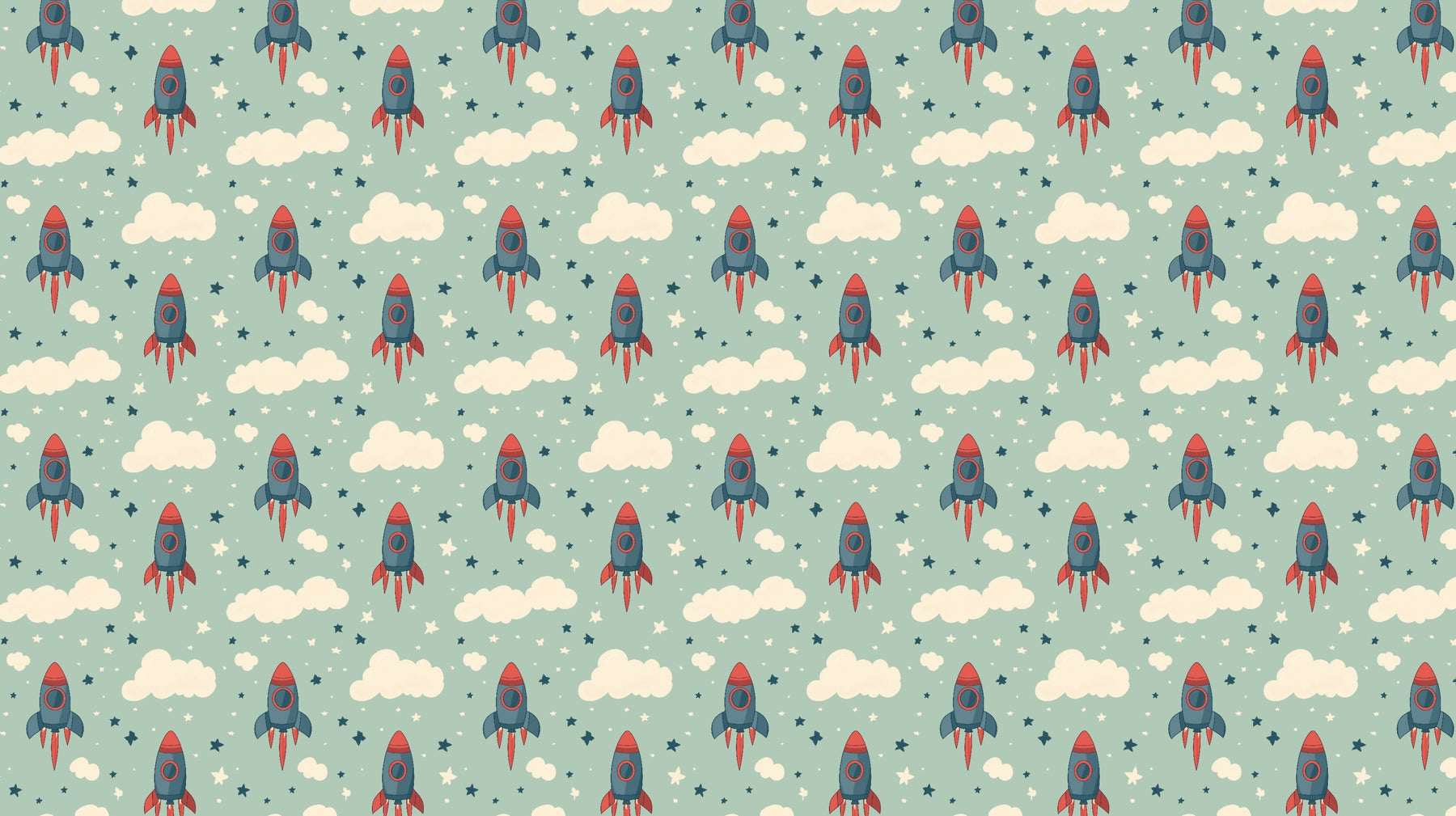 Detailed space rocket mural wallpaper design pattern with colorful rockets and clouds by Kids-Mundo