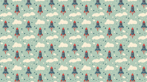 Detailed space rocket mural wallpaper design pattern with colorful rockets and clouds by Kids-Mundo