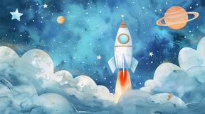 Detailed watercolor space rocket mural wallpaper design pattern with blue stars by Kids-Mundo