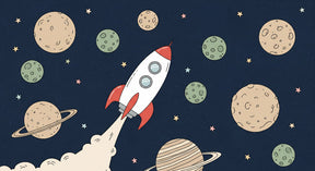 Detailed space rocket mural wallpaper design pattern with planets and stars by Kids-Mundo