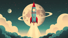 Detailed retro space rocket and planets mural wallpaper design pattern by Kids-Mundo