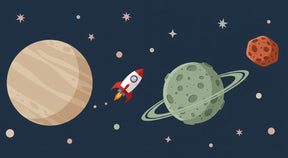 Detailed space rocket and planets mural wallpaper design pattern showing galaxy adventure theme