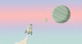 Detailed space rocket mural wallpaper design pattern with planets and cosmic elements by Kids-Mundo