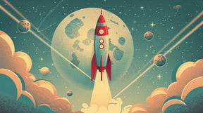 Detailed space rocket mural wallpaper design pattern with moon, stars and planets by Kids-Mundo