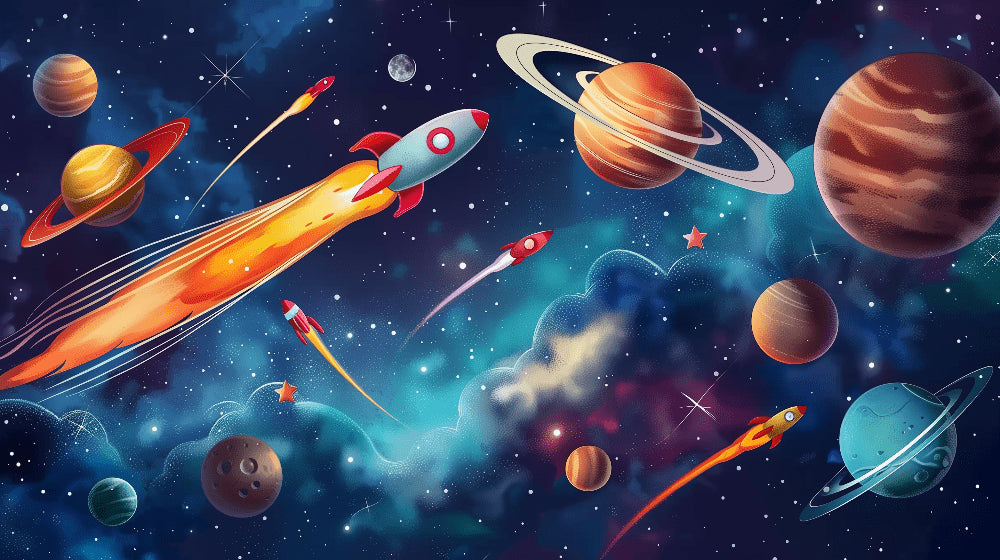 Detailed space rocket and galaxy mural wallpaper design pattern by Kids-Mundo