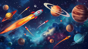 Detailed space rocket and galaxy mural wallpaper design pattern by Kids-Mundo