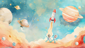 Detailed watercolor space rocket and planet mural wallpaper design pattern by Kids-Mundo