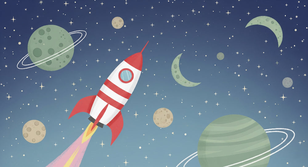 Detailed space rocket mural wallpaper design pattern with planets, stars and cosmic elements by Kids-Mundo