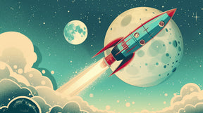 Detailed space rocket mural wallpaper design pattern with moon and stars by Kids-Mundo
