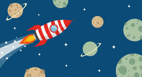 Detailed space rocket mural wallpaper design pattern with planets and stars by Kids-Mundo