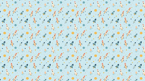Detailed space rocket mural wallpaper design pattern with colorful rockets on blue by Kids-Mundo