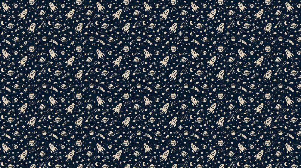 Detailed space rocket mural wallpaper design pattern with navy sky and celestial motifs by Kids-Mundo
