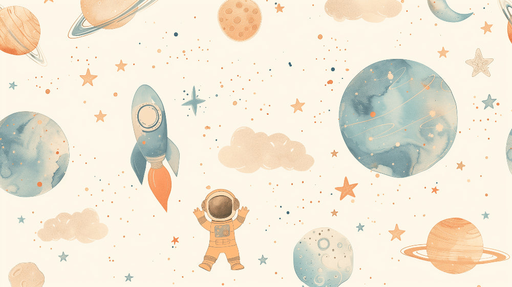 Detailed pastel space rocket and astronaut mural wallpaper design pattern by Kids-Mundo