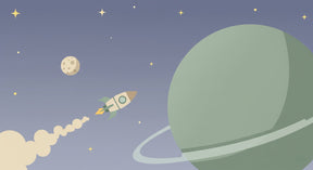 Detailed space rocket and green planet mural wallpaper design pattern by Kids-Mundo