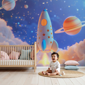 Space rocket mural wallpaper creating cosmic adventure atmosphere in modern kids bedroom by Kids-Mundo
