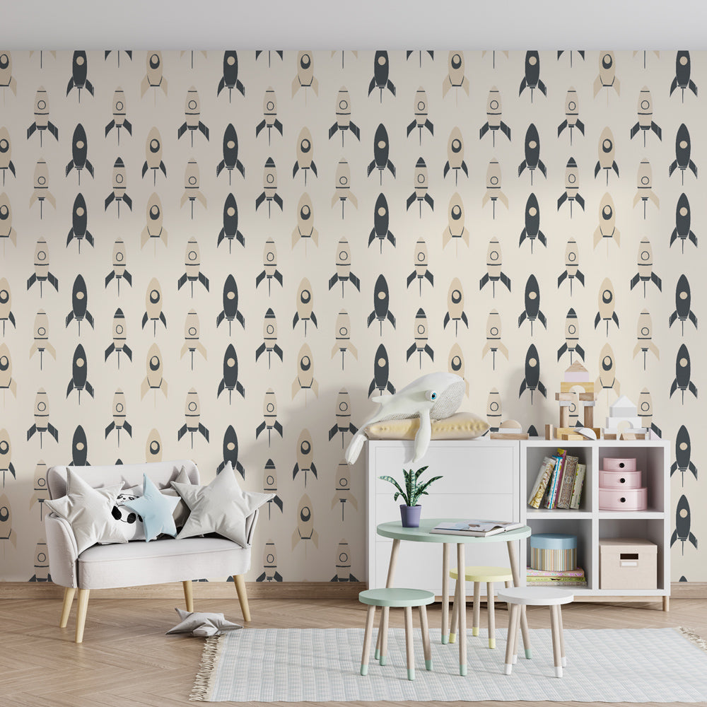 Space rocket wallpaper creating adventure-themed children's bedroom decor