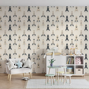 Space rocket wallpaper creating adventure-themed children's bedroom decor