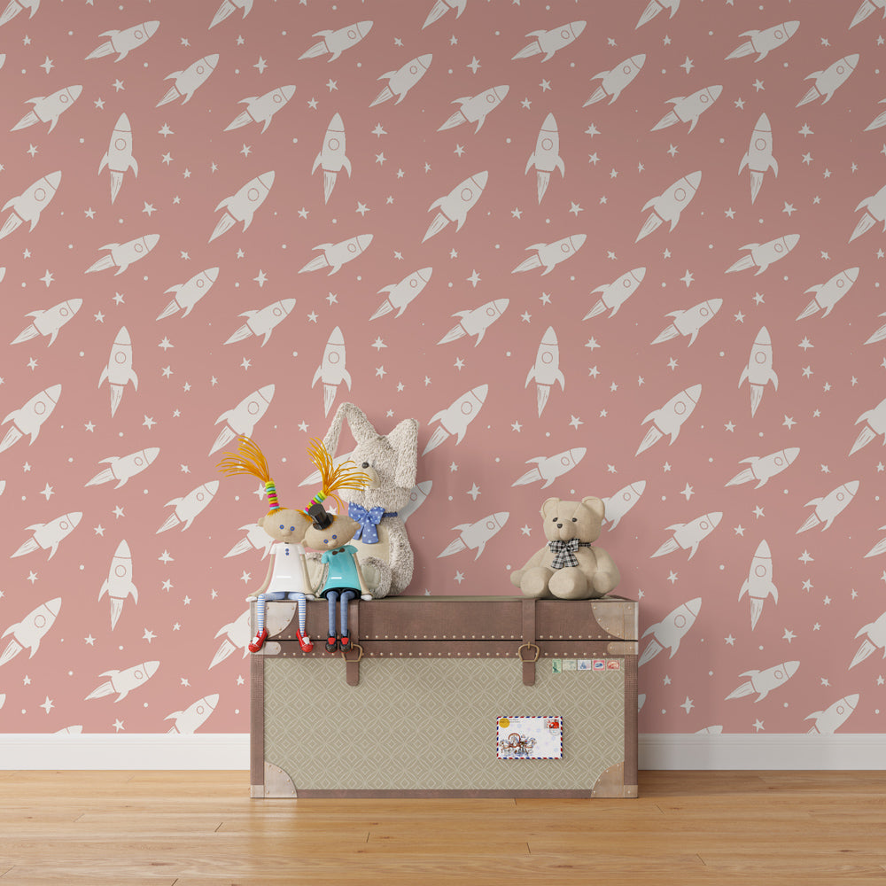 Space-themed mural wallpaper with white rockets inspiring imagination in modern kids room