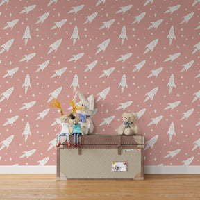 Space-themed mural wallpaper with white rockets inspiring imagination in modern kids room