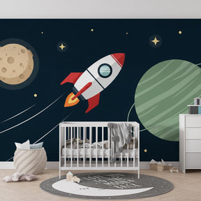 Children's space wallpaper featuring rocket ship and colorful planets in modern kids room setting