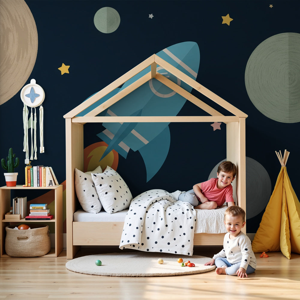 Space rocket mural wallpaper creating cosmic nursery decor with stars and planets by Kids-Mundo