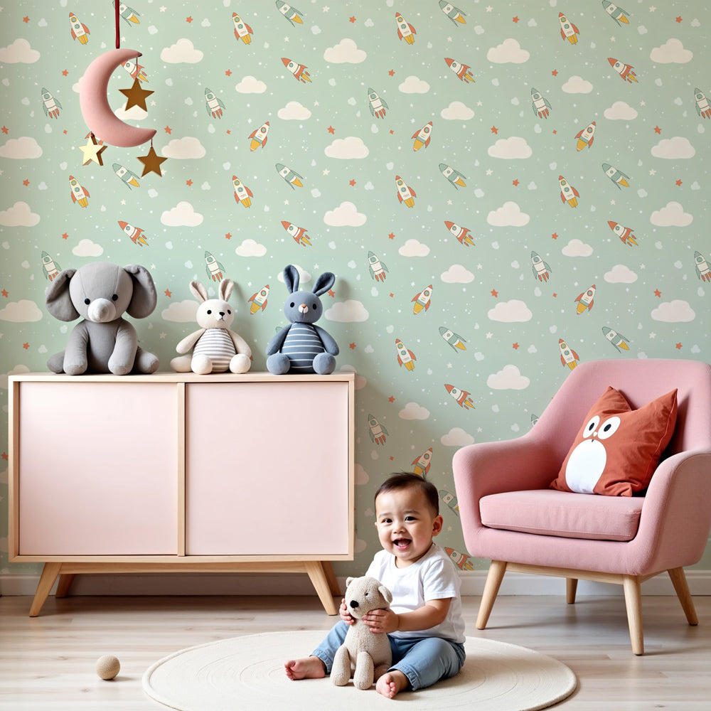 Space rocket mural wallpaper in modern nursery with colorful rockets and starry sky by Kids-Mundo