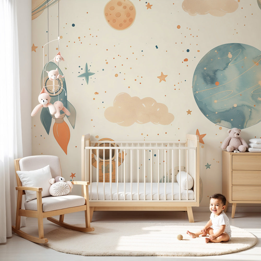 Space rocket mural wallpaper with pastel planets decorating modern nursery room by Kids-Mundo