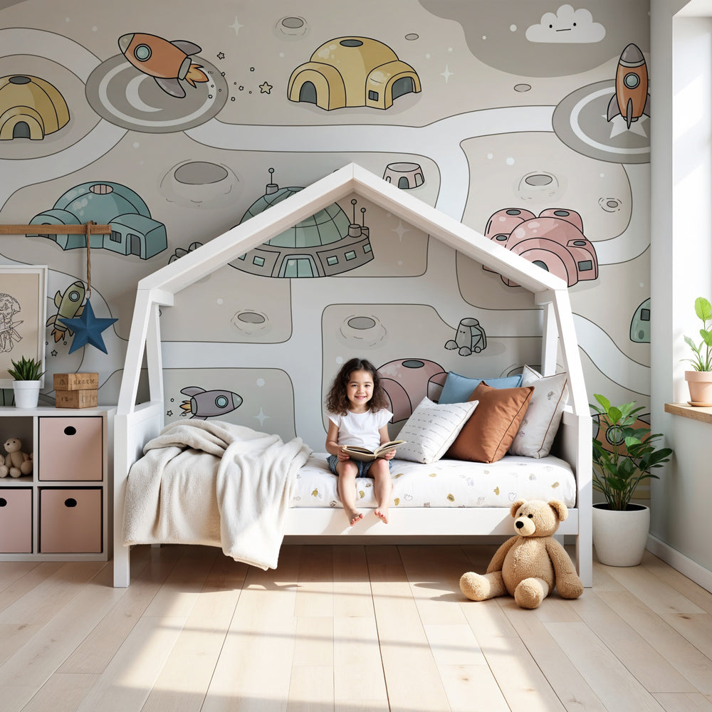 Space rocket mural wallpaper in modern nursery with colorful astronaut theme by Kids-Mundo