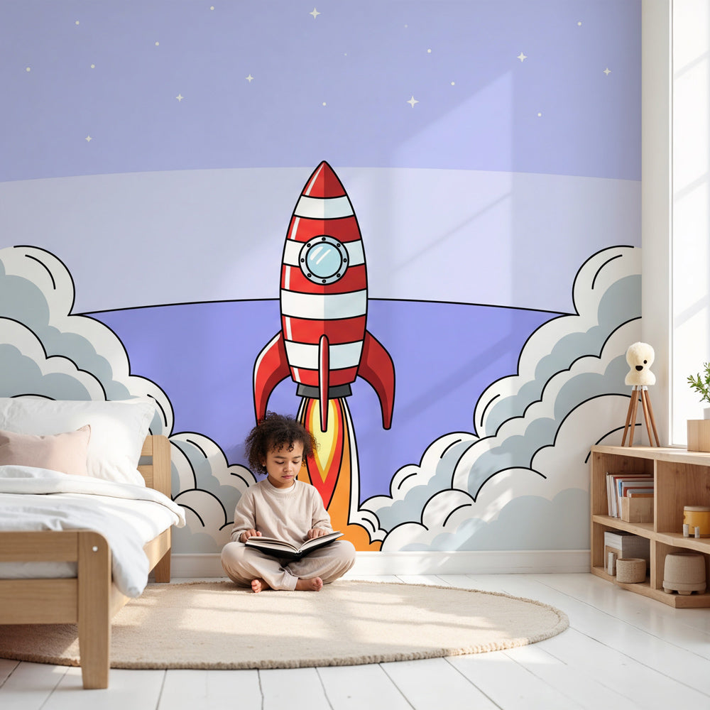 Space rocket mural wallpaper in modern nursery with clouds and stars by Kids-Mundo