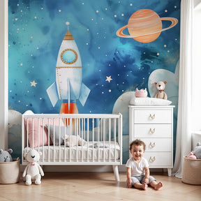 Watercolor space rocket mural wallpaper in modern nursery with blue cosmic theme by Kids-Mundo