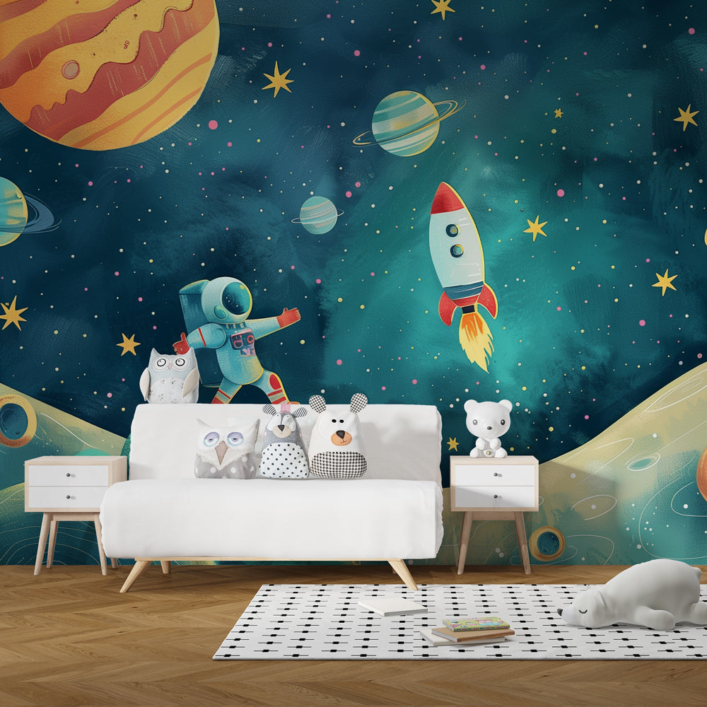 Colorful space exploration wallpaper creating cosmic nursery decor with rockets and planets