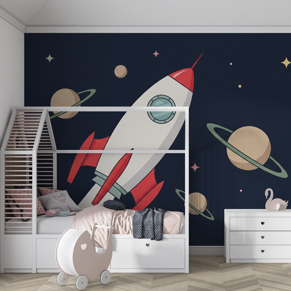 Cosmic rocket wallpaper with planets and stars decorating children's nursery room