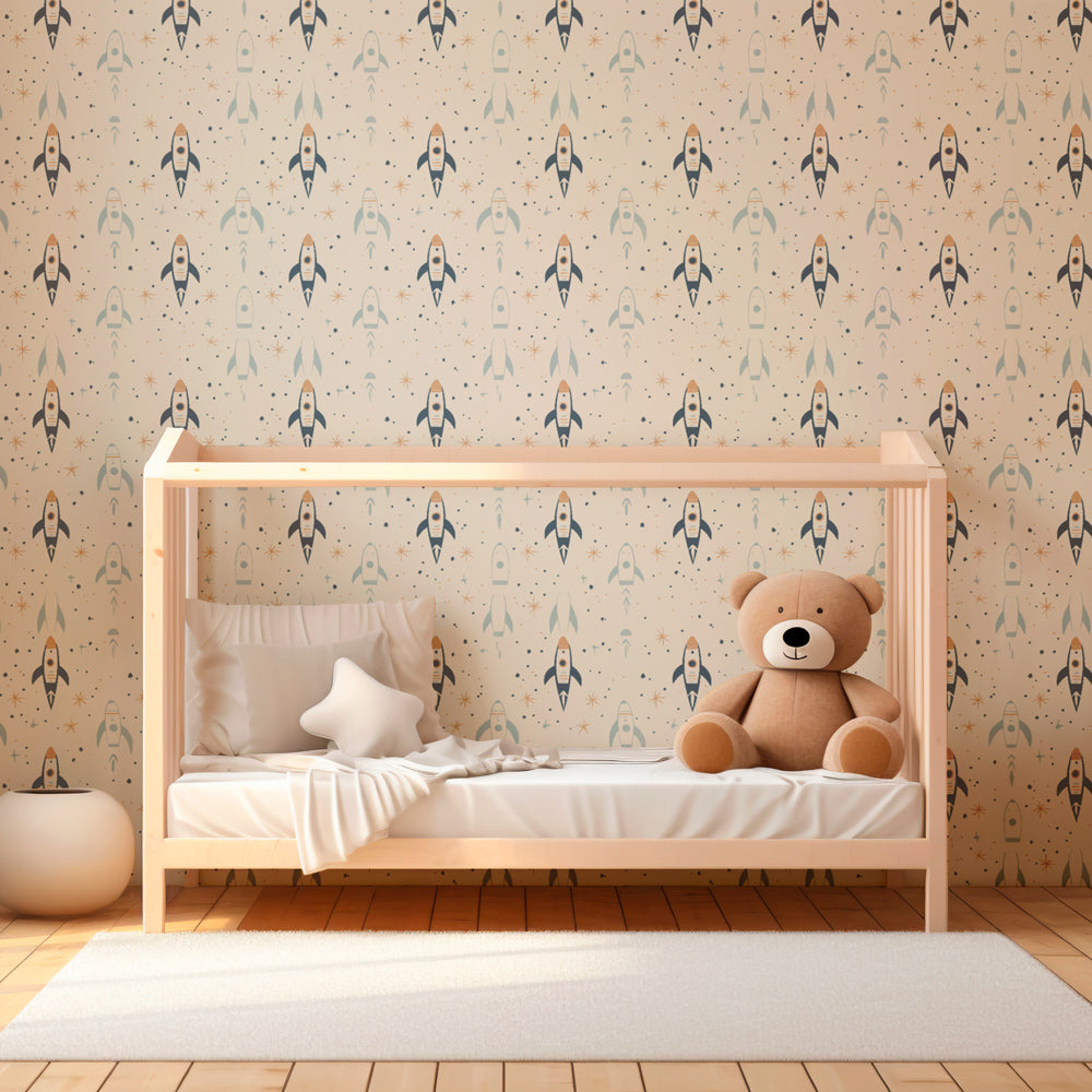 Cosmic rocket wallpaper creating adventurous nursery decor with vibrant space theme