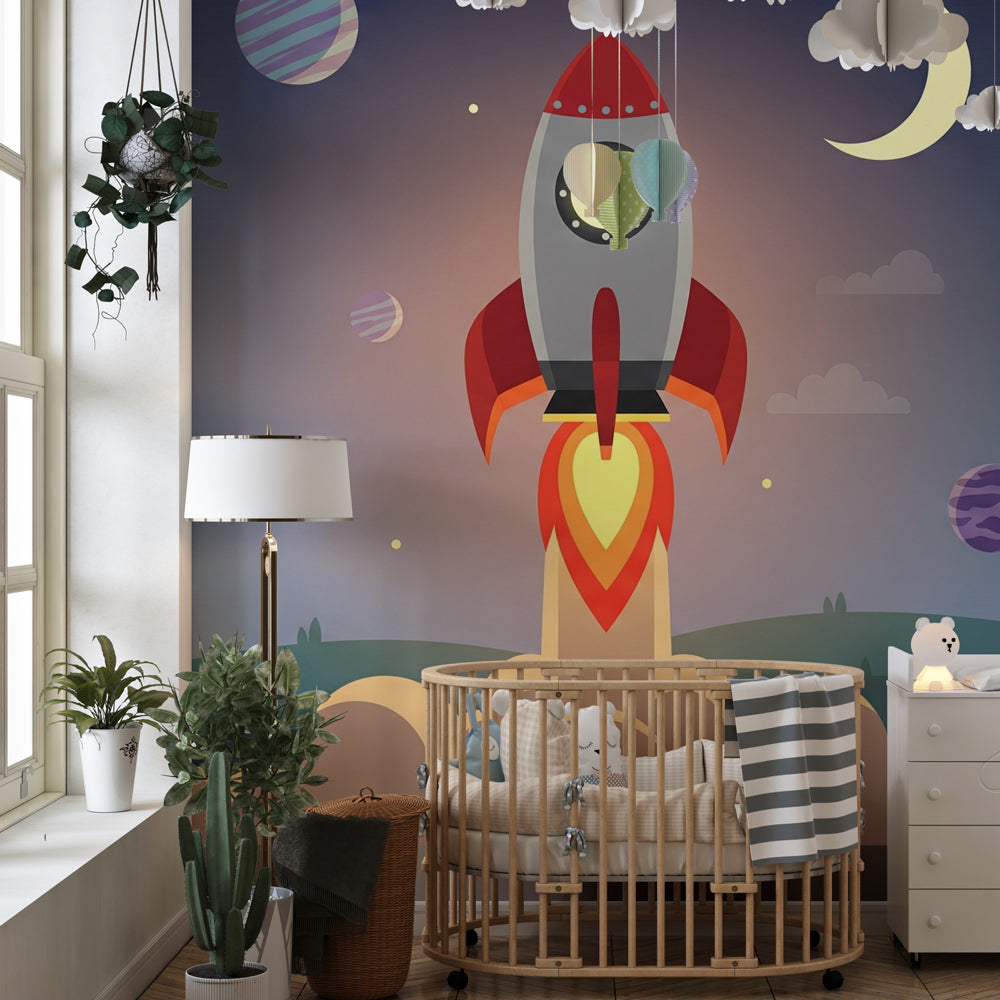 Intergalactic rocket wallpaper creating magical nursery decor with planets and stars