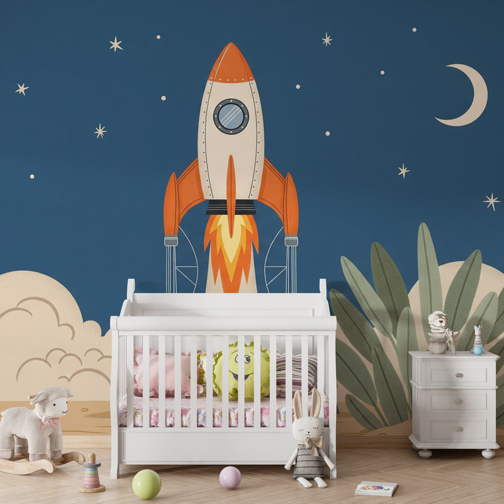 Rocket launching wallpaper creating cosmic nursery decor with blue starry sky design