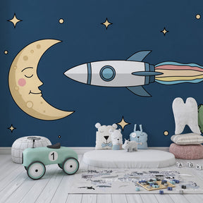 Intergalactic themed wallpaper creating cosmic nursery decor with rocket and planets