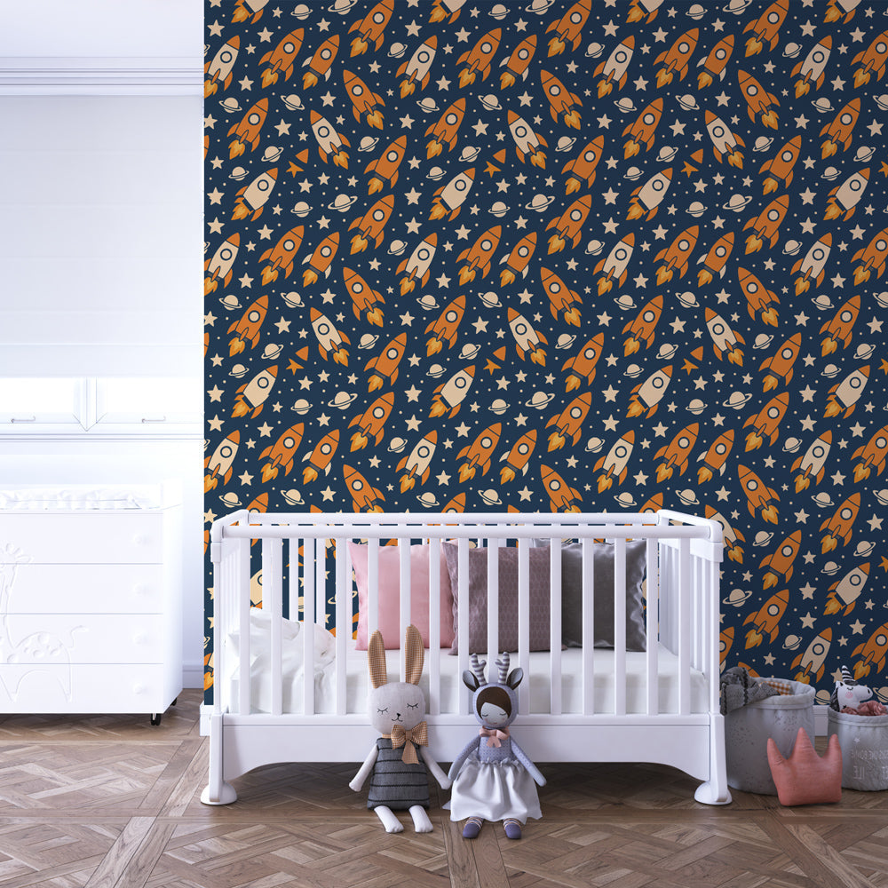 Colorful rocket wallpaper creating galactic nursery decor with stars and planets