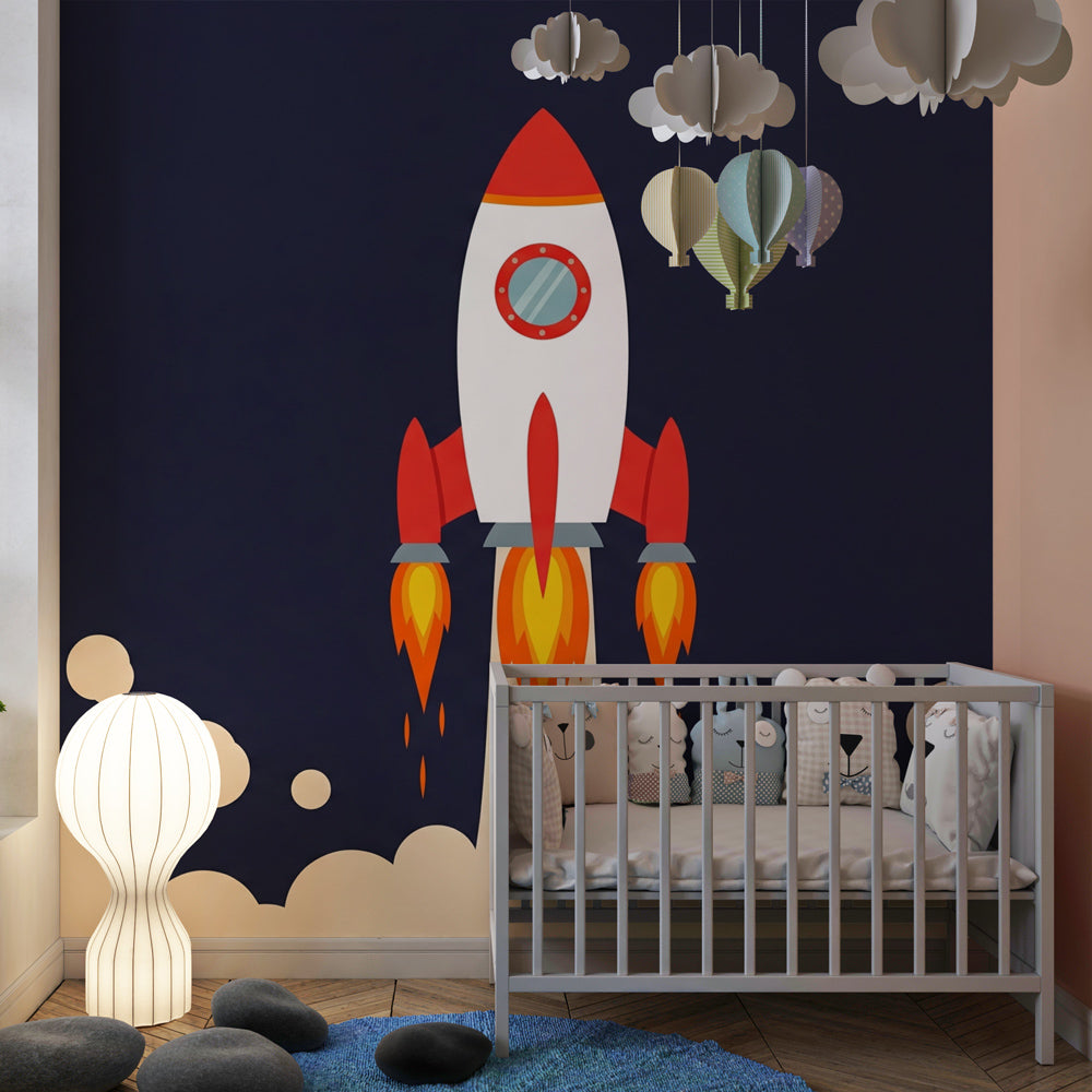Rocket launch wallpaper creating exciting space-themed nursery decor with clouds and stars