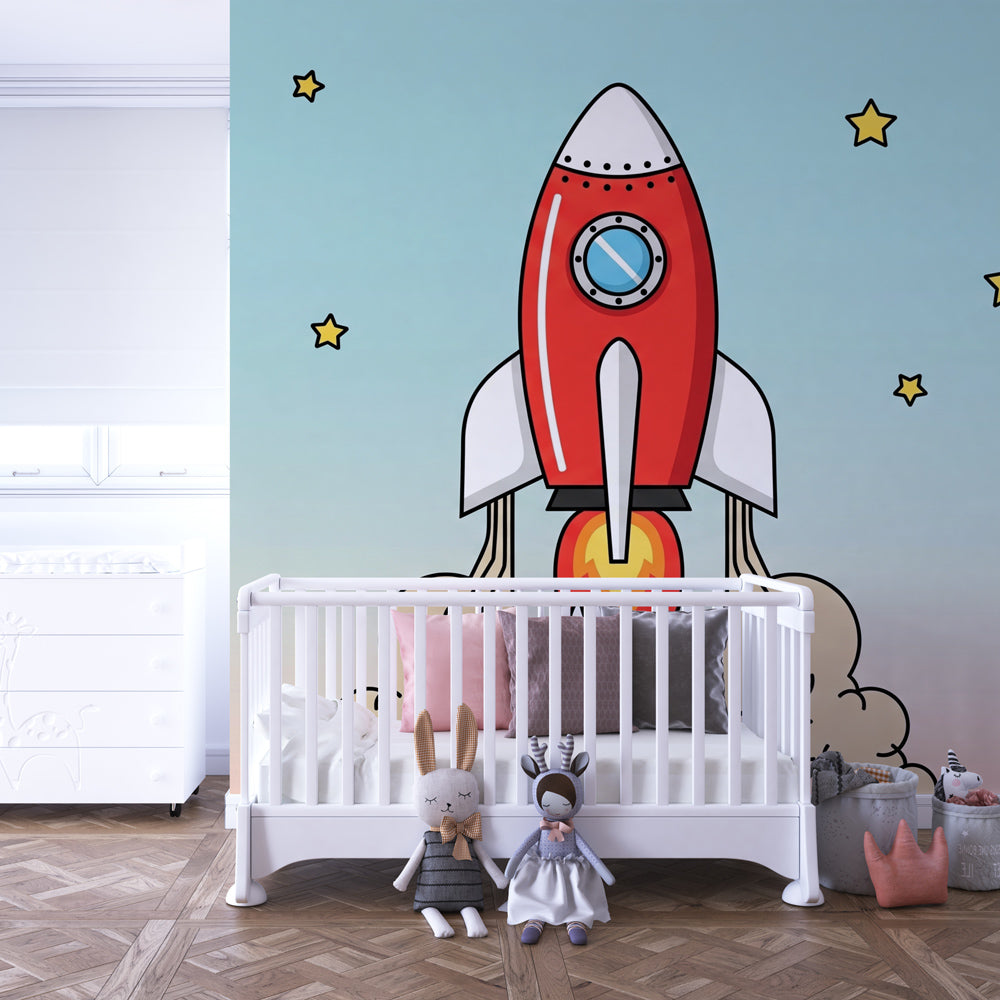 Cosmic rocket wallpaper creating magical space-themed nursery decor with pastel tones