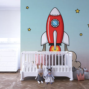 Cosmic rocket wallpaper creating magical space-themed nursery decor with pastel tones