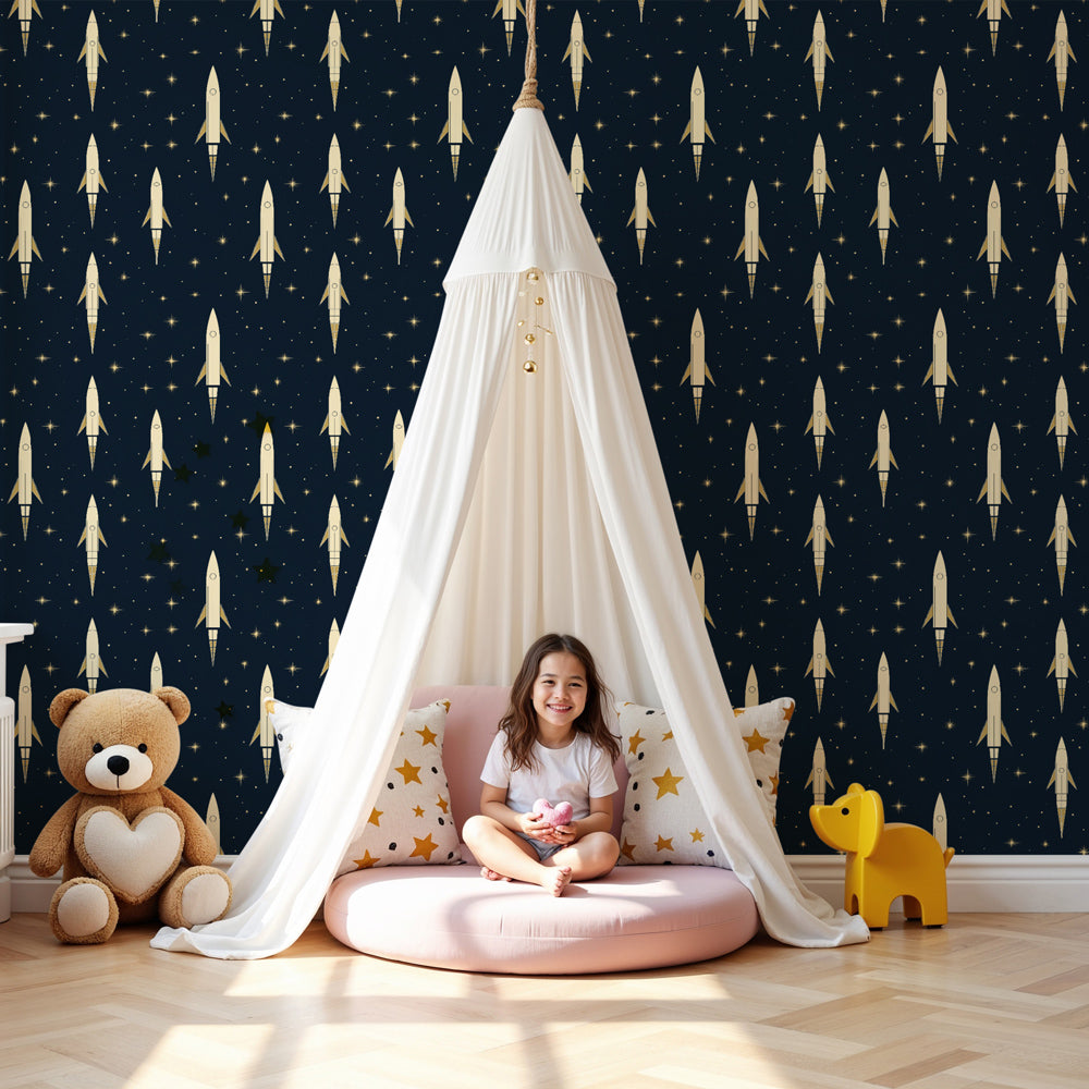 Golden rocket space mural wallpaper in modern kids nursery room by Kids-Mundo