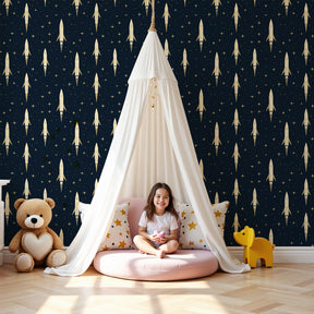Golden rocket space mural wallpaper in modern kids nursery room by Kids-Mundo