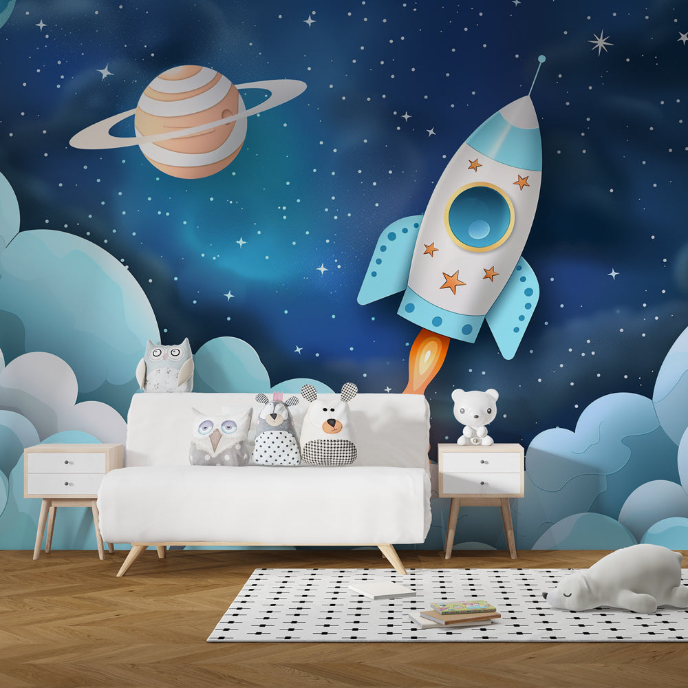 Navy blue space themed mural wallpaper creating cosmic nursery atmosphere with rocket and planets