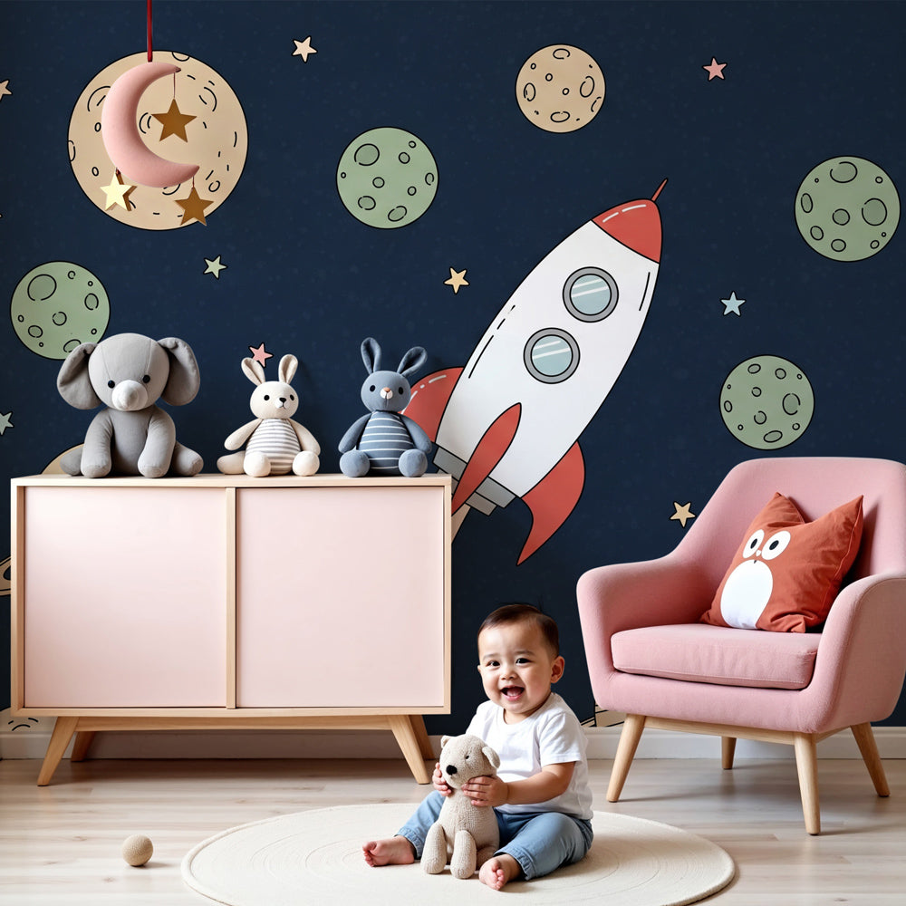 Space rocket mural wallpaper with planets decorating modern nursery room by Kids-Mundo