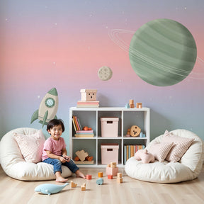Space rocket mural wallpaper with planets and stars in modern nursery setting by Kids-Mundo