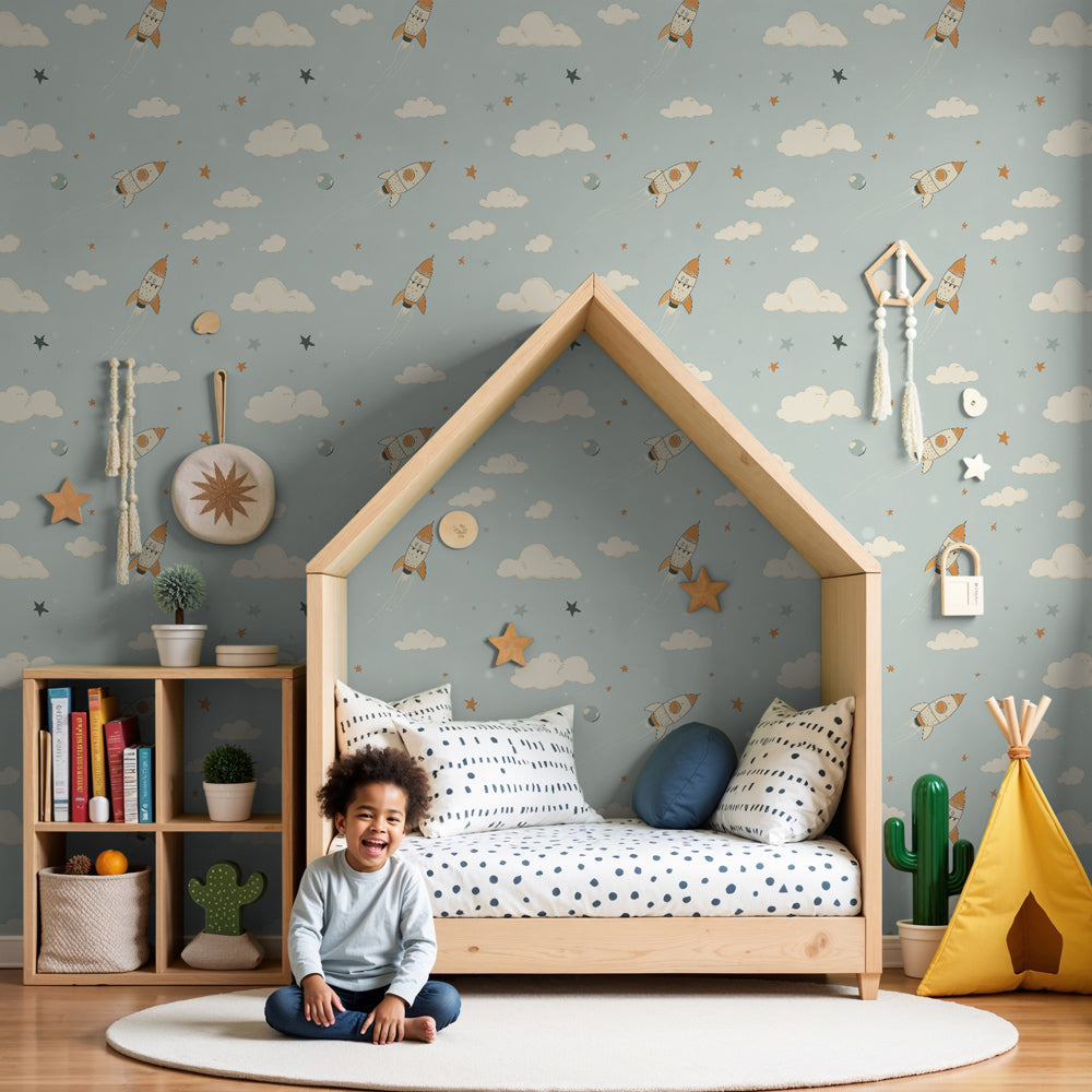 Space rocket mural wallpaper creating magical nursery decor with starry sky theme by Kids-Mundo