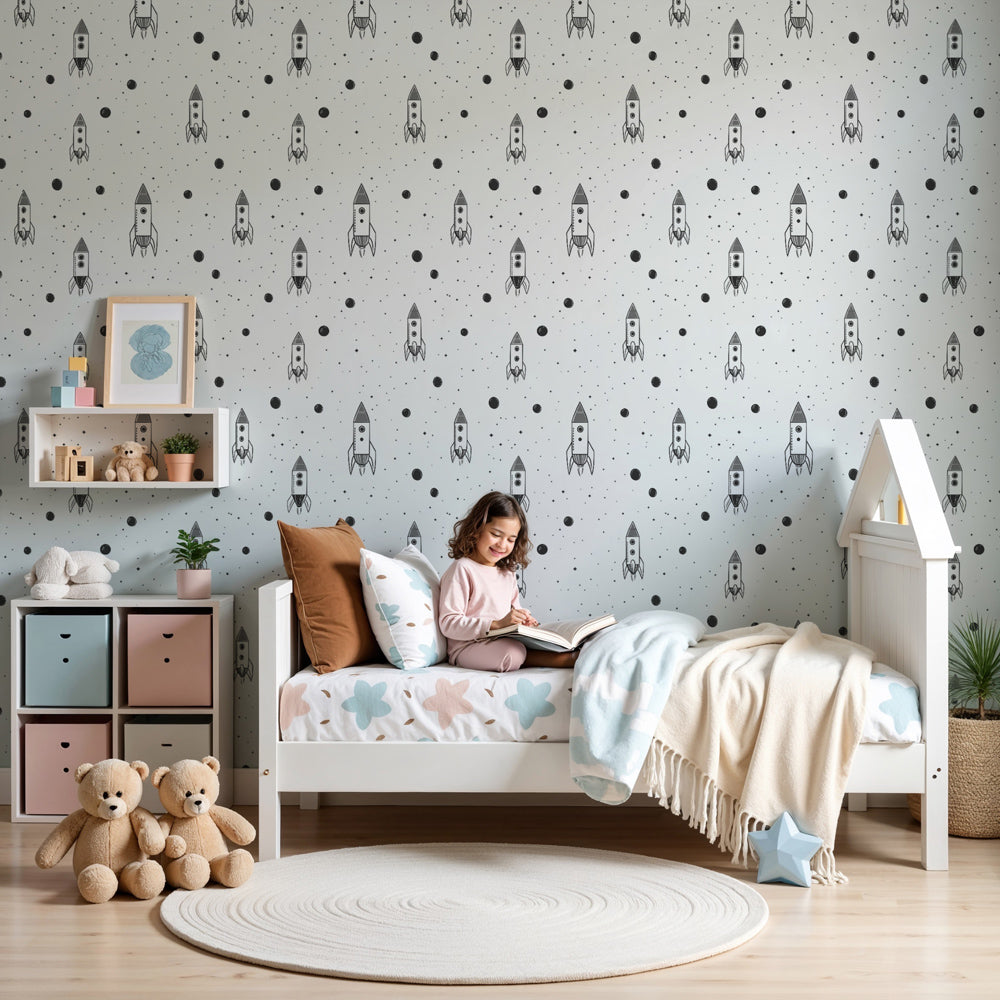 Space rocket mural wallpaper with black white planets in modern nursery room by Kids-Mundo