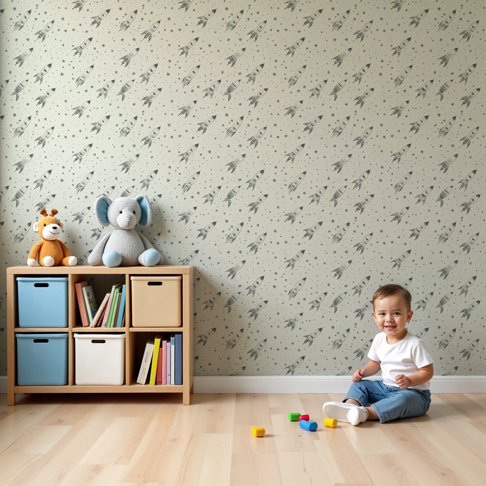 Space rocket mural wallpaper in modern nursery with grey rockets and stars by Kids-Mundo
