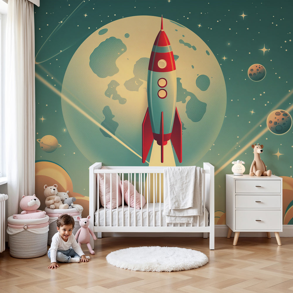 Space rocket mural wallpaper creating cosmic adventure atmosphere in modern nursery by Kids-Mundo