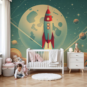 Space rocket mural wallpaper creating cosmic adventure atmosphere in modern nursery by Kids-Mundo